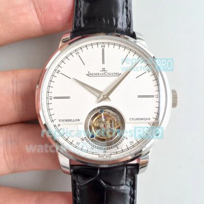 Swiss Jaeger Lecoultre Tourbillon Replica Master Ultra Thin White Dial Black Leather Strap Watch